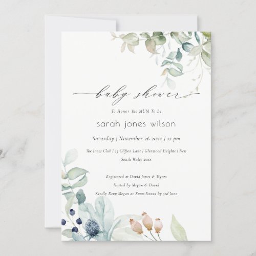 Soft Pastel Blue Green Foliage Baby Shower Invite