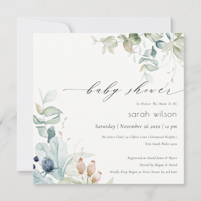 Soft Pastel Blue Green Foliage Baby Shower Invite (Front)