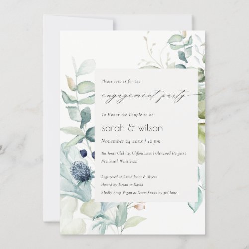 Soft Pastel Blue Green Foliage Engagement Invite