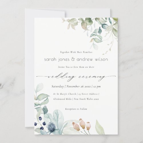 Soft Pastel Blue Green Foliage Wedding Invite