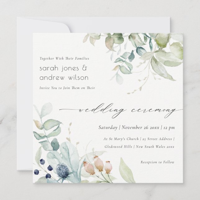 Soft Pastel Blue Green Foliage Wedding Invite (Front)