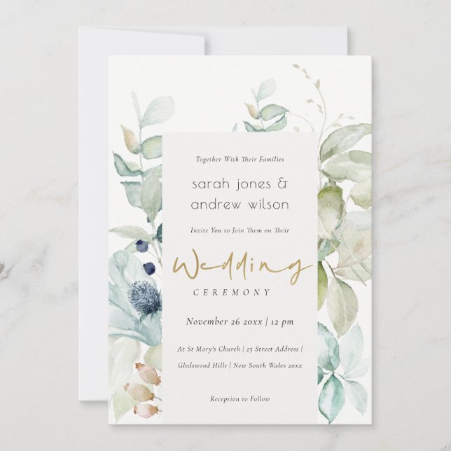 Soft Pastel Blue Green Foliage Wedding Invite (Front)