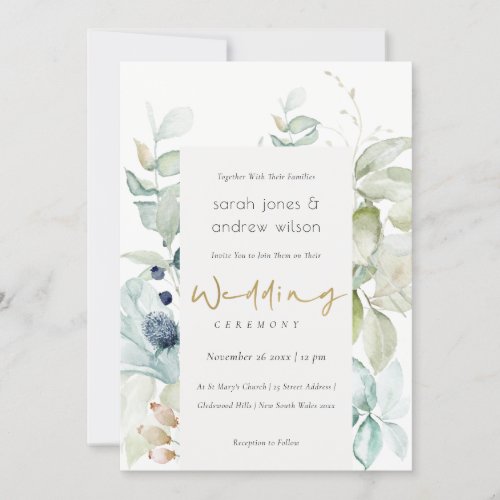 Soft Pastel Blue Green Foliage Wedding Invite