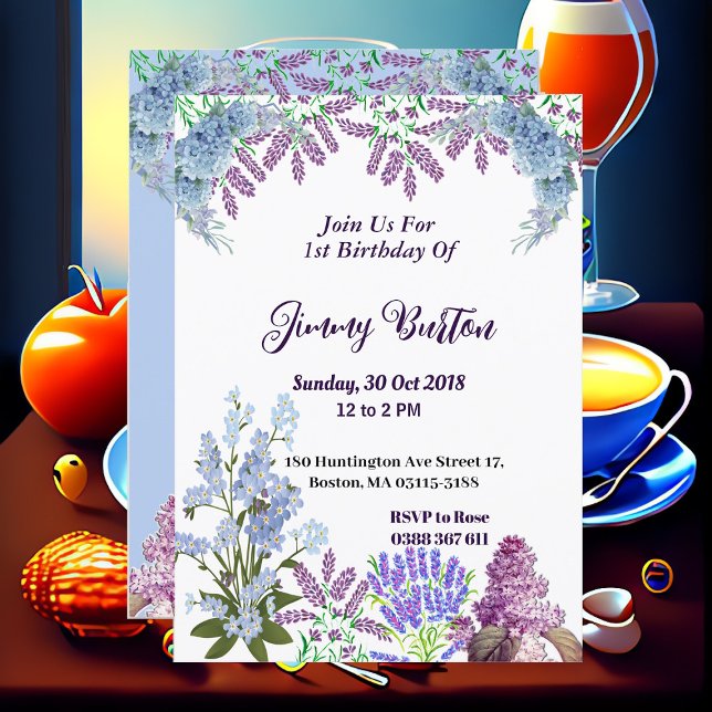 Soft Pastel Blue Hydrangea Purple Lilac Birthday Invitation (Soft Pastel Blue Hydrangea Purple Lilac Birthday Invitation)