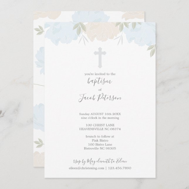 Soft Pastel Blue Peonies Cross Boy Baptism Invitation (Front/Back)