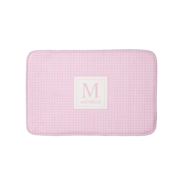 Soft Pastel Blush Baby Pink and White Checkered Bath Mat (Front)