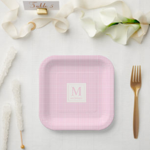 Soft Pastel Blush Baby Pink and White Checkered Paper Plates