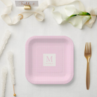Soft Pastel Blush Baby Pink and White Checkered Paper Plates