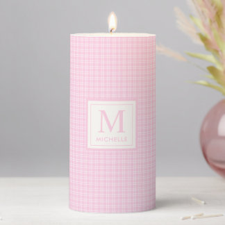 Soft Pastel Blush Baby Pink and White Checkered Pillar Candle