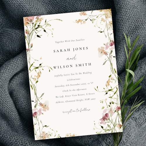 Soft Pastel Blush Meadow Watercolor Floral Wedding Invitation