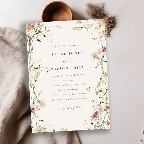 Soft Pastel Blush Meadow Watercolor Floral Wedding Invitation