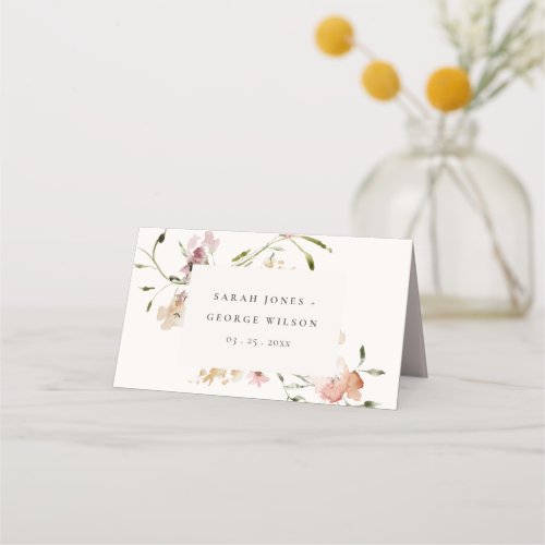 Soft Pastel Blush Meadow Watercolor Floral Wedding Place Card