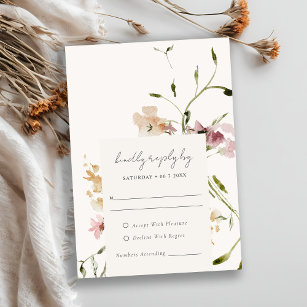 Soft Pastel Blush Meadow Watercolor Floral Wedding RSVP Card