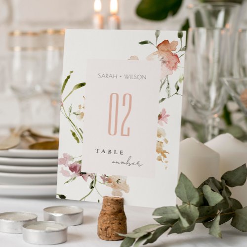 Soft Pastel Blush Meadow Watercolor Floral Wedding Table Number