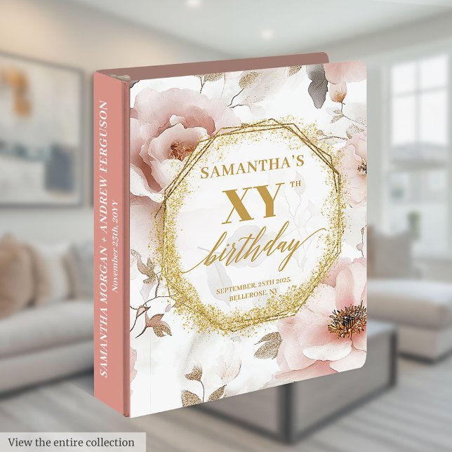 Soft Pastel Blush Pink Flowers Gold Birthday Album 3 Ring Binder (Soft Pastel Blush Pink Flowers Gold Birthday Album 3 ring binder)