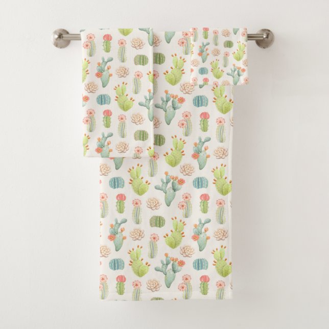 Soft Pastel Cactus & Succulent Pattern Bath Towel Set (Insitu)