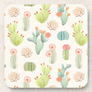 Soft Pastel Cactus & Succulent Pattern Beverage Coaster
