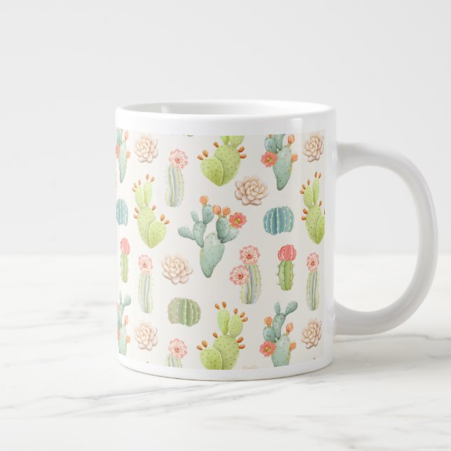 Soft Pastel Cactus & Succulent Pattern Giant Coffee Mug (Right)