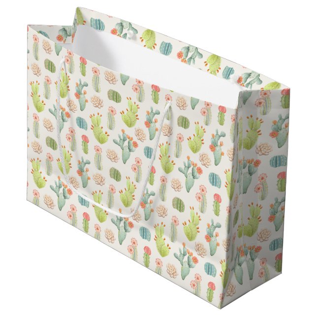 Soft Pastel Cactus & Succulent Pattern Large Gift Bag (Front Angled)