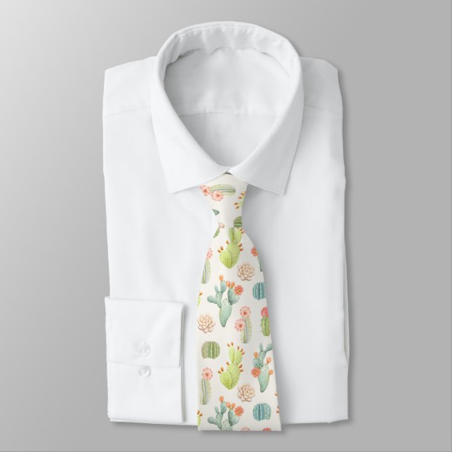 Soft Pastel Cactus & Succulent Pattern Neck Tie (Tied)