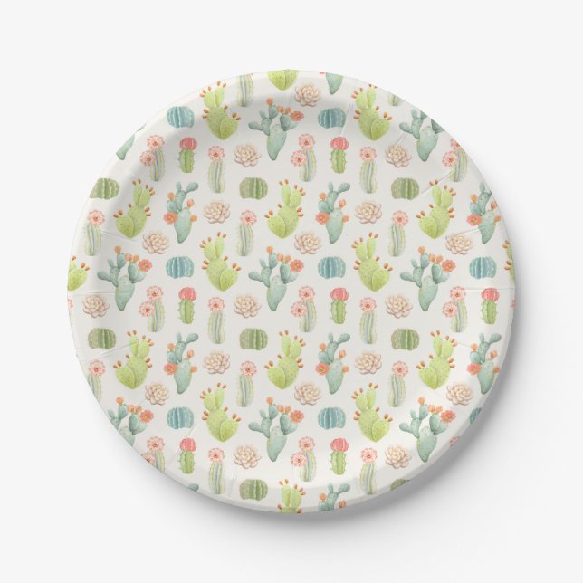Soft Pastel Cactus & Succulent Pattern Paper Plates (Front)