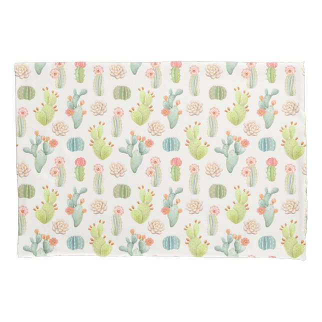 Soft Pastel Cactus & Succulent Pattern Pillow Case (Front-Left)