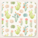 Soft Pastel Cactus &amp; Succulent Pattern Square Paper Coaster