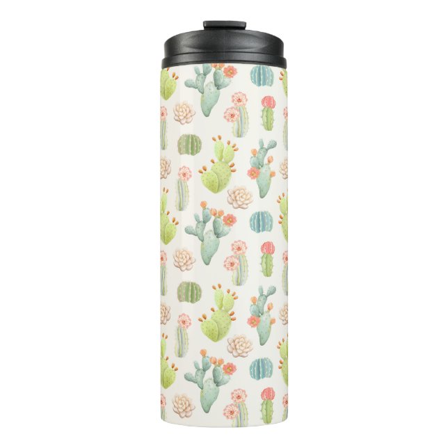 Soft Pastel Cactus & Succulent Pattern Thermal Tumbler (Front)