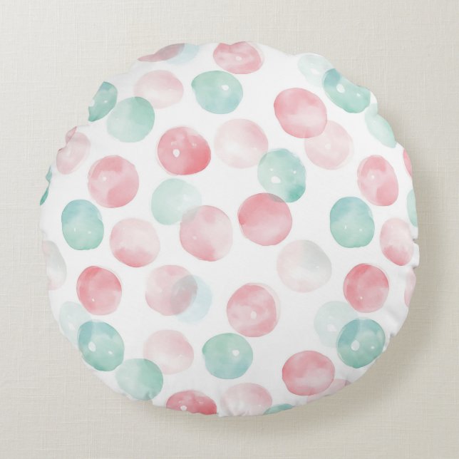 Soft Pastel Charm in Pink, Green & Blue Round Pillow (Front)