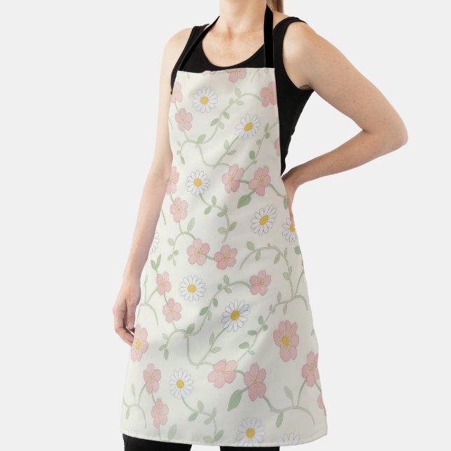 Soft Pastel Cherry Blossom & Daisy Floral Apron (Insitu)