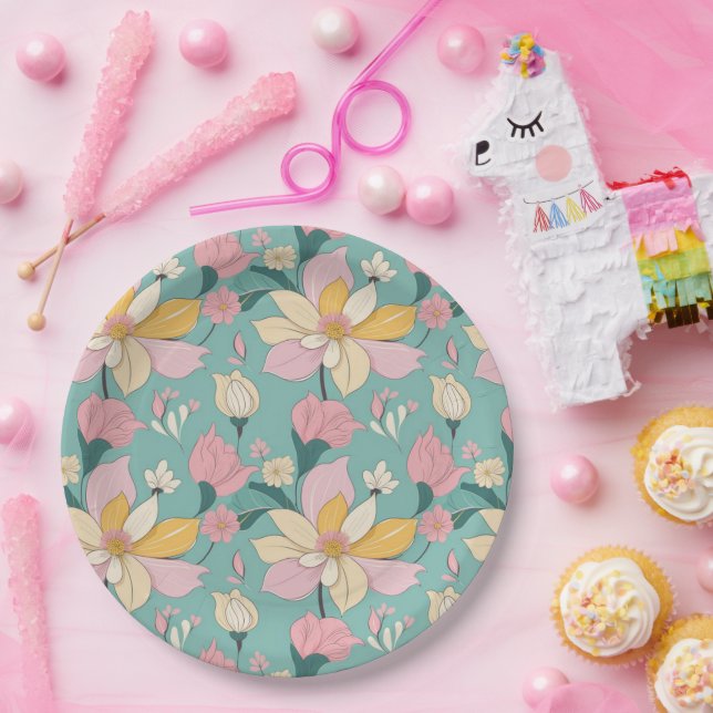Soft pastel color floral pattern paper plates (Party)
