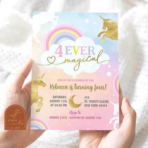 Soft Pastel Colorful Magical Unicorn 4th Birthday Invitation