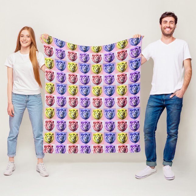Soft Pastel Colour Lion Head Check Pattern Design  Fleece Blanket (Creator Uploaded)