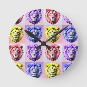 Soft Pastel Colour Lion Head Check Pattern Design Round Clock