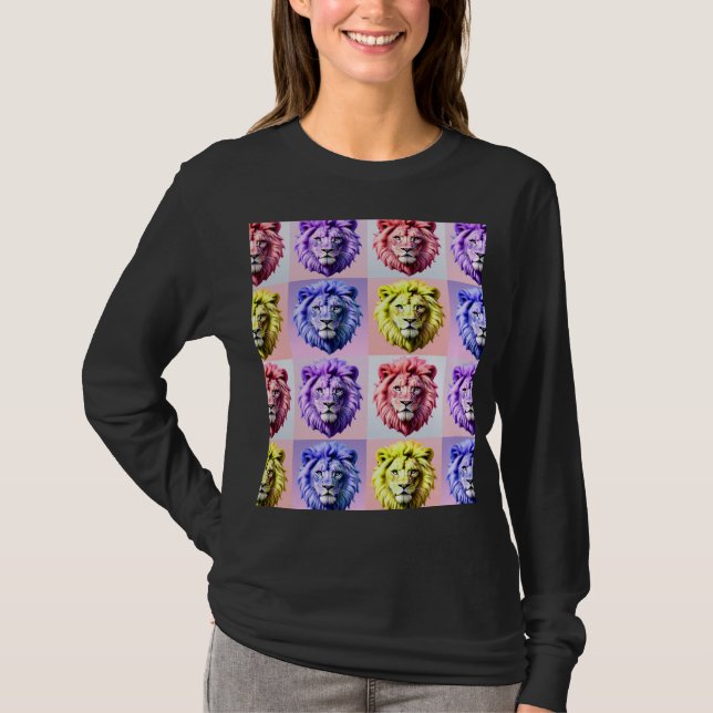 Soft Pastel Colour Lion Head Check Pattern Design  T-Shirt (Front)