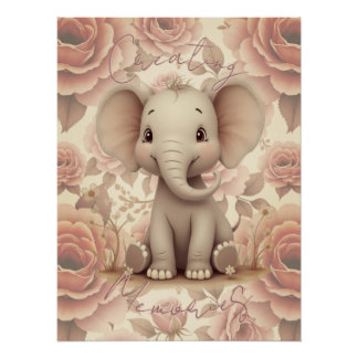 Soft Pastel Elephant And Floral Poster