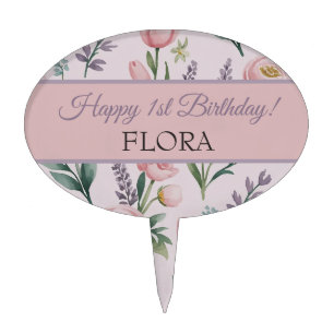 Soft Pastel Floral 1st Birthday Personalized Cake Topper