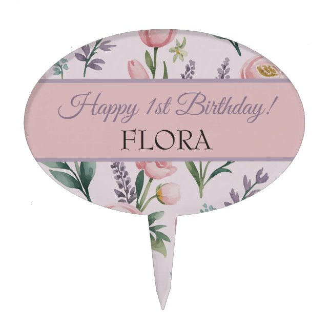 Soft Pastel Floral 1st Birthday Personalized Cake Topper (Front)