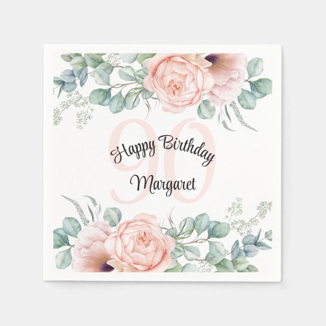 Soft Pastel Floral 90th Birthday Celebration Napkins (Front)