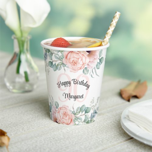 Soft Pastel Floral 90th Birthday Celebration Paper Cups