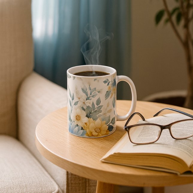 Soft Pastel Floral Blue Dahlia Mug (Pastel floral mug with steam, book, and glasses perfect for cozy mornings in a sunlit reading nook)