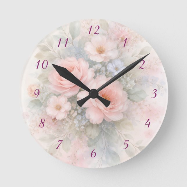 Soft Pastel Floral Bouquet Round Clock (Front)