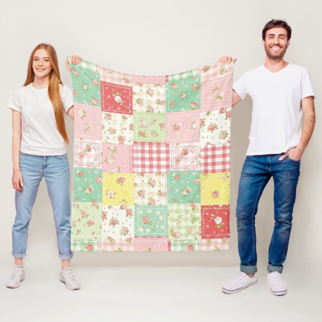 Soft Pastel Floral Patchwork Gingham Check Fleece Blanket (In Situ)