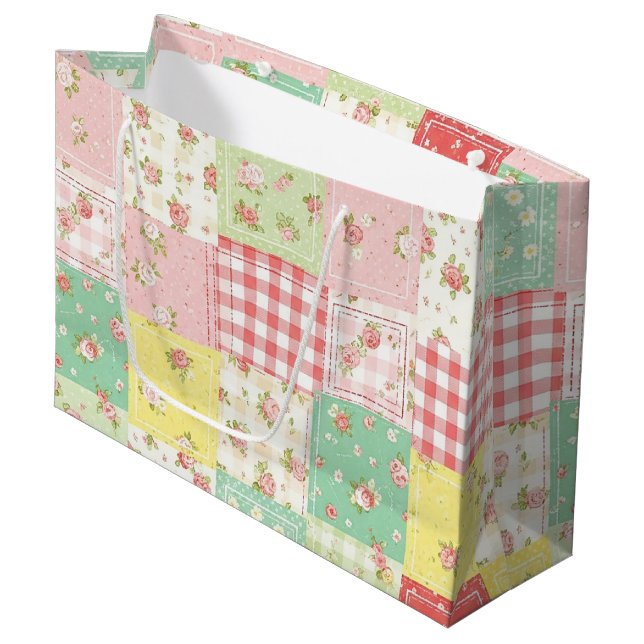 Soft Pastel Floral Patchwork Gingham Check Large Gift Bag (Front Angled)
