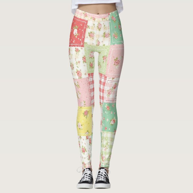 Soft Pastel Floral Patchwork Gingham Check Leggings (Front)