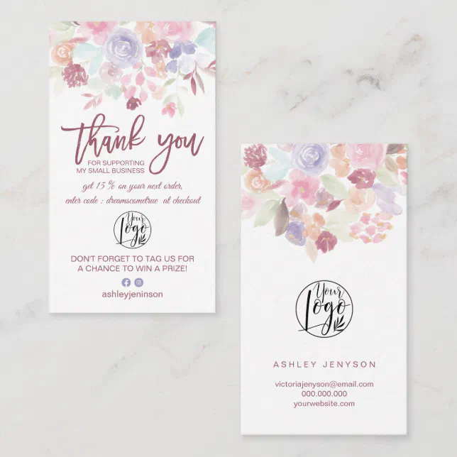 Soft pastel floral script logo order thank you Business Card | Zazzle