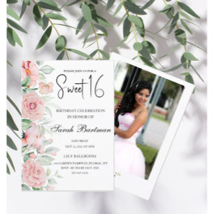 Soft pastel floral watercolor photo Sweet 16 Invitation