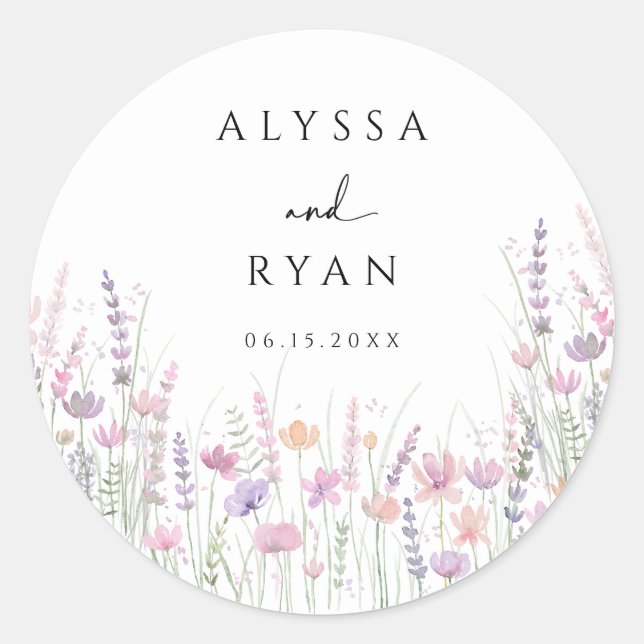 Soft Pastel Floral Wildflower Wedding Classic Round Sticker (Front)
