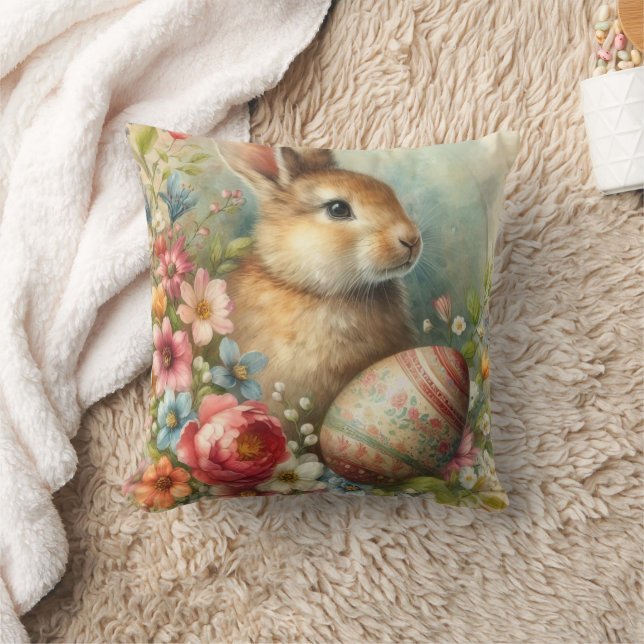 Soft Pastel Floral With Rabbit  Easter  Throw Pillow (Blanket)