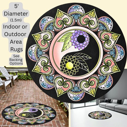 Soft Pastel Floral Yin Yang Mandala Circular Round Rug